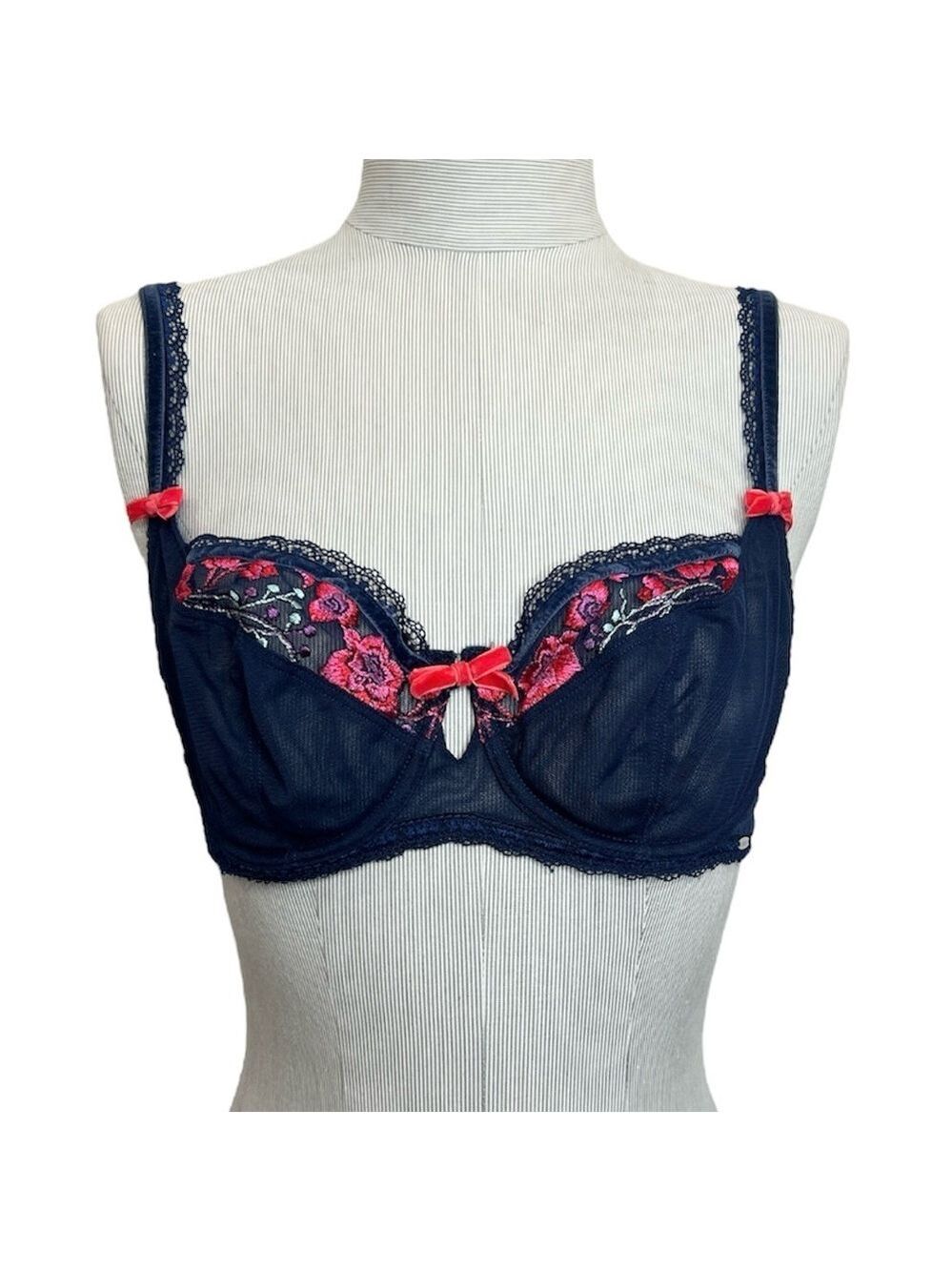 LEPEL Italy blue red floral embroidered velvet bow underwire mesh bra 32 DD